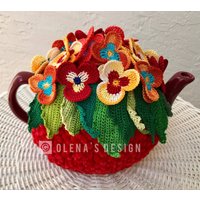 Gehäkelter Teewärmer Stiefmütterchen Rot Gehäkelte Blume Grün von OlenasDesign