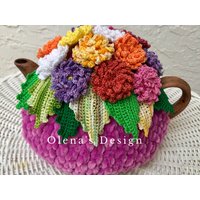 Gehäkelter Teewärmer Violett Teegedeck Aster Blume Herbstblume Herbst Grün Gehäkeltes Ernte Accessoire von OlenasDesign