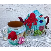 Set Gehäkelte Teetasse Gemütlich Nautisch Kuschelige Stövchen Am Meer Rote Oktopus Korallen Küchenaccessoire Häkeln Marine Dekor Tasse von OlenasDesign