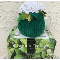 Set Von Teas Etc 3-Cup Traditionelle Glas Teekanne Mit Häkeln Teewärmer Grün Decken Weiße Geranie Blume Muttertag von OlenasDesign