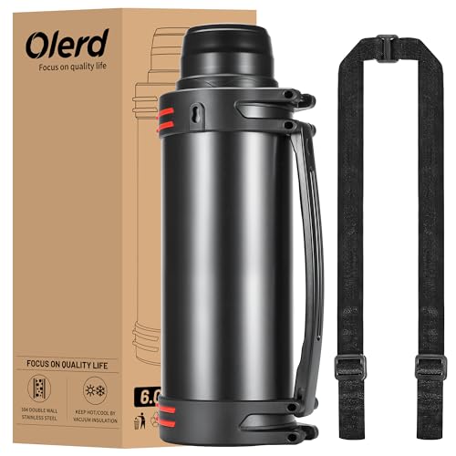 Olerd Thermosflasche Thermoskanne 6.0L, Isolierkanne Edelstahl Trinkflasche, Isolierflasche mit 2 Trinkbecher, Doppelwand Camping Wasserflasche mit Schultergurt und Handle, 24h Heiß & Kalt(Schwarz) von Olerd