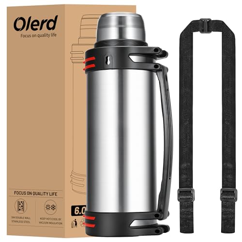 Olerd Thermosflasche Thermoskanne 6.0L, Isolierkanne Edelstahl Trinkflasche, Isolierflasche mit 2 Trinkbecher, Doppelwand Camping Wasserflasche mit Schultergurt und Handle, 24h Heiß & Kalt(Silber) von Olerd