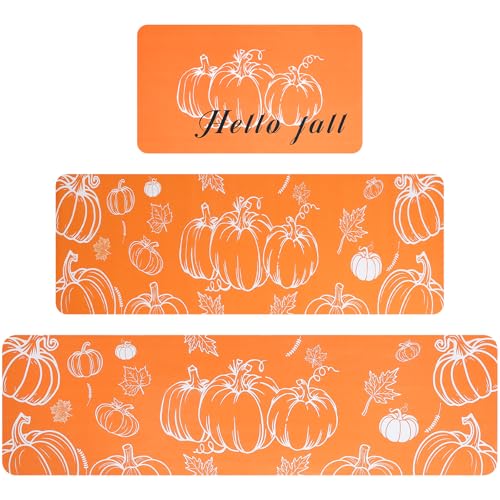 Olgaa Küchenteppich-Set mit 3 Herbst-Kürbis-Teppichen, Bauernhaus-Herbst, Küche, Bodenmatte, Heimdekoration, rutschfest, Anti-Ermüdung, Küchenmatten für Bodenläufer, Teppich-Set für von Olgaa