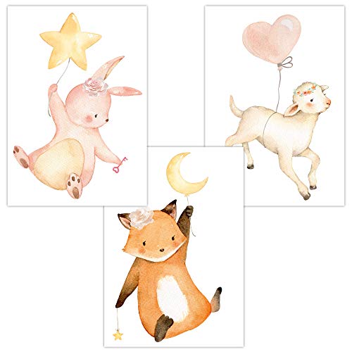 Olgs Babyzimmer Bilder 3er Set | Kinderzimmer Deko Poster DIN A4 | Wandbilder Premium | Tiere Wandposter Mädchen, Junge | Luftballons, Hase, Fuchs, Schaf fliegen von Olgs