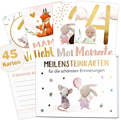 Olgs Baby 45 Meilensteinkarten Mädchen Gold Meilenstein Karten Set, Erinnerungskarten, Monatskarten 1-12 Monate, Milestones, Geschenkidee zur Geburt Taufe, Babyparty, Babyshower von Olgs