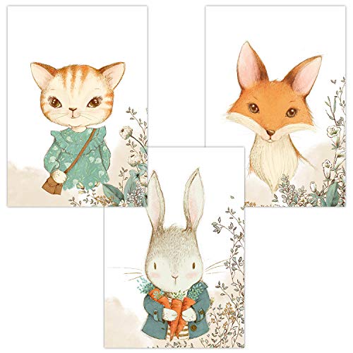 Olgs Wandbilder 3er Set für Baby & Kinderzimmer Deko Poster | Kunstdruck DIN A4 ohne Rahmen und Dekoration Tiere (Junge/Mädchen) (W22 Hase Katze Fuchs) von Olgs