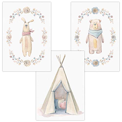 Olgs Kinderzimmer Poster 3er Set - Wandbilder Tiere für Babyzimmer Hase im Tipi & Bär Motiv, Kunstdruck DIN A4 für Jungen & Mädchen von Olgs