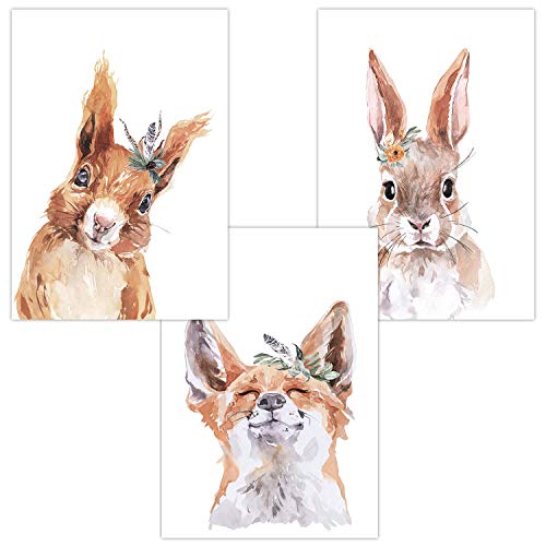 Olgs Wandbilder 3er Set für Baby & Kinderzimmer Deko Poster Junge/Mädchen| Kunstdruck DIN A4 ohne Rahmen und Dekoration Tiere (W21 Fuchs Hase Eichhörnchen) von Olgs