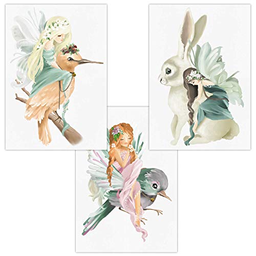 Olgs Wandbilder 3er Set für Baby & Kinderzimmer Deko Poster | Kunstdruck DIN A4 ohne Rahmen und Dekoration Tiere (Phantasy Vogel Hase Mädchen) von Olgs
