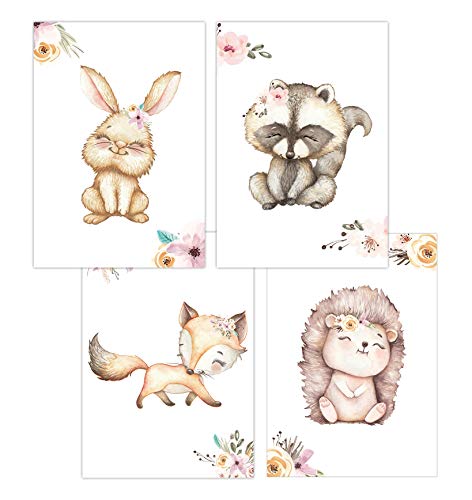 Olgs Wandbilder 4er Set für Baby & Kinderzimmer Deko Poster | Kunstdruck DIN A4 ohne Rahmen und Dekoration Tiere (Junge/Mädchen) (W08 Hase Waschbär Fuchs Igel) von Olgs