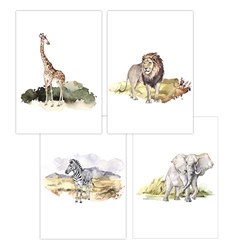 Olgs Wandbilder 4er Set für Büro & Wohnzimmer Deko Poster | Kunstdruck DIN A4 ohne Rahmen und Dekoration Tiere (W02 Giraffe Löwe Zebra Elefant) von Olgs