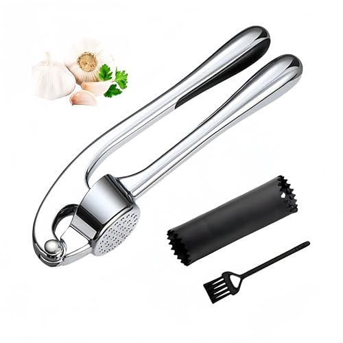 Olihpyyut Knoblauchpresse mit Knoblauchschäler und Silikonbürste Effizientes Werkzeug zur Knoblauchpaste Knoblauch Crusher Knoblauchschneider Garlic Press Praktischer Küchenhelfer Zinklegierung von Olihpyyut