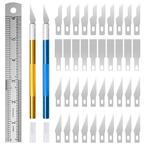 Bastelmesser Set Olinner 2 Stück Präzisions Bastelmesser mit 40 Ersatzklingen aus Metall Stahllineal zum Schneiden von Papier Karton Stempel Modellbau Scrapbooking von Olinner