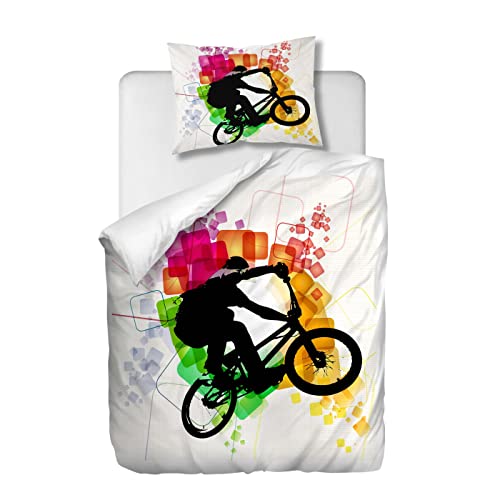 OliveSleep BMX-Bettwäsche-Set für Radfahrer, Einzelbett, Bettbezug-Set, dekoratives 2-teiliges Bettwäsche-Set mit 1 Kissenbezug, mehrfarbig 1 Einzelbett von OliveSleep