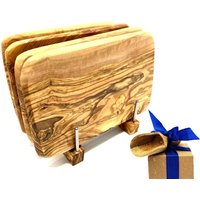 Olivenholz-erleben Frühstücksbrett "Bretterständer inkl. 4 Frühstücksbretter Olivenholz 22 x 14 cm", (Set, 5 St., 1x Bretterhalter, 4 Frühstücksbretter, plus Überraschung), platzsparende Aufbewahrung für bis zu 4 Brettchen an einem Ort von Olivenholz-Erleben