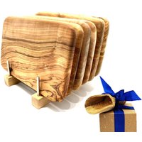 Olivenholz-erleben Frühstücksbrett "Bretterständer inkl. 6 Frühstücksbretter Olivenholz 22 x 14 cm", (Set, 7 St., 1x Bretterhalter, 6 Frühstücksbretter, plus Überraschung), platzsparende Aufbewahrung für bis zu 6 Brettchen an einem Ort von Olivenholz-Erleben