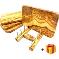 Olivenholz-erleben Geschirrständer "Brettchenständer für bis zu 4 Frühstücksbretter" Platzsparende Aufbewahrung für bis zu 4 Brettchen an einem Ort von Olivenholz-Erleben