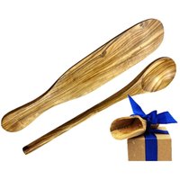 Olivenholz-erleben Kochlöffel "Crêpes-Wender und Kochlöffel rund aus Olivenholz", (Set, 2 tlg., 1x Crêpes-Wender, 1x Kochlöffel rund aus Olivenholz plus Überraschung), Crêpes-Spatel und Kochlöffel aus Olivenholz sind schonend zu Pfannen von Olivenholz-Erleben