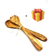 Olivenholz-erleben Salatbesteck "Salatbesteck groß mit Bastband", (Set, 2 tlg., 1x Salatlöffel, 1x Salatgabel), Stilvoll Salate servieren – ein echter Blickfang auf dem Tisch. von Olivenholz-Erleben