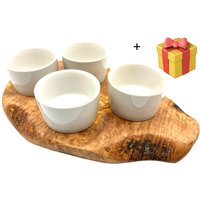 Olivenholz-erleben Servierbrett "Brett rustikal, Olivenholz 30-34 cm inkl. 4 Dipschalen" die Dipschalen verhindern das Vermischen der Geschmacksrichtungen von Olivenholz-Erleben