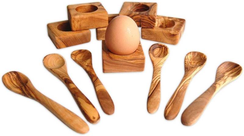 Olivenholz-erleben Eierbecher Troué mit Eierlöffel aus Olivenholz, (Set, 12-tlg., 6x Eierbecher und 6 Eierlöffel), besonders platzsparende eckige Form, Olivenholz ist lebensmittelecht von Olivenholz-erleben
