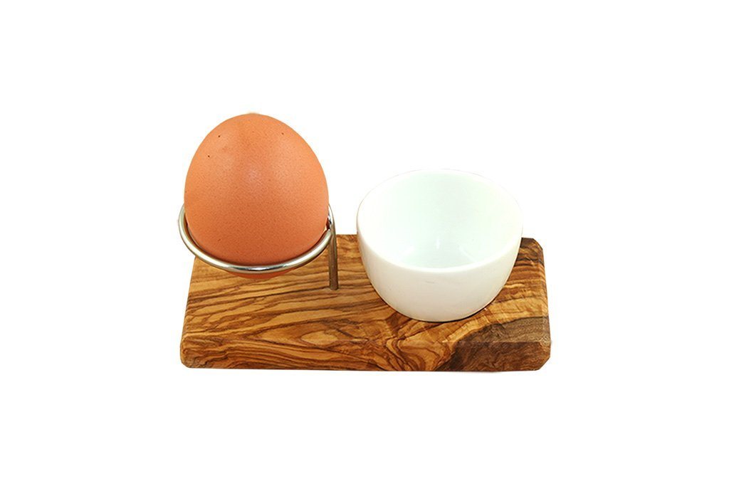 Olivenholz-erleben Eierbecher Eierhalter DESIGN PLUS aus Olivenholz, (1-tlg), handlich, mit Porzellanschale, 100% Olivenholz, Unikat von Olivenholz-erleben