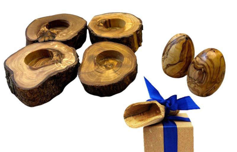 Olivenholz-erleben Eierbecher Rustikal, (Set, 6-tlg., 4x Eierbecher rustikal, plus Salz- und Pfefferstreuer), Olivenholzscheiben als Eierbecher mit Ei-förmigen Streuern von Olivenholz-erleben