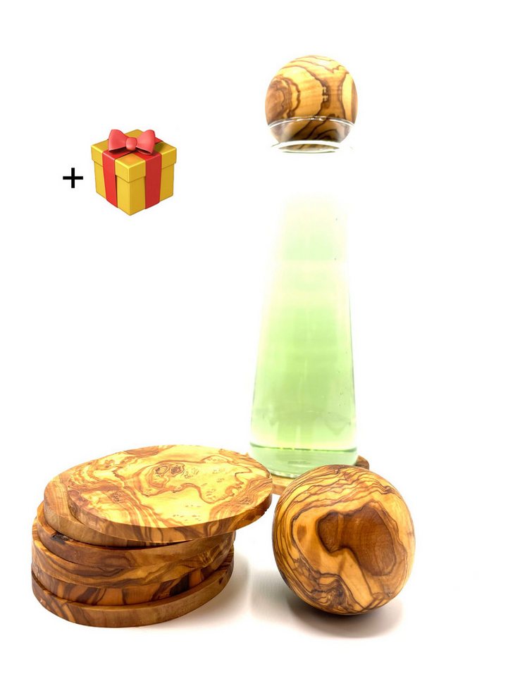 Olivenholz-erleben Flaschenuntersetzer Kugelverschluss für Karaffen Ø 8 cm plus 6x Untersetzer rund, Set, 7-tlg., Tischschoner, Holzkugel, kratzfest, antibakteriell von Olivenholz-erleben