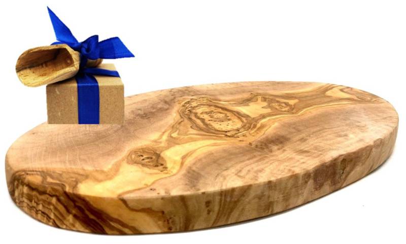 Olivenholz-erleben Frühstücksbrett Brett oval, aus Olivenholz 30 cm, Massivholz, (Set, 1-St., 1x Brett oval, plus Überraschung), platzsparende Form ist ideal für Frühstück, Snacks oder Servieren von Olivenholz-erleben