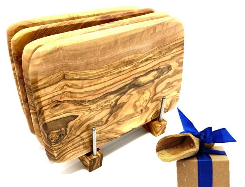 Olivenholz-erleben Frühstücksbrett Bretterständer inkl. 4 Frühstücksbretter Olivenholz 22 x 14 cm, Massivholz, (Set, 5-St., 1x Bretterhalter, 4 Frühstücksbretter, plus Überraschung), platzsparende Aufbewahrung für bis zu 4 Brettchen an einem Ort von Olivenholz-erleben