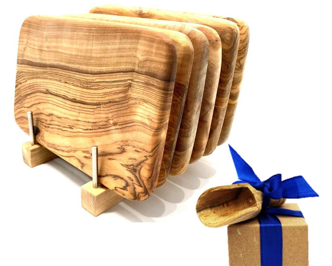 Olivenholz-erleben Frühstücksbrett Bretterständer inkl. 6 Frühstücksbretter Olivenholz 22 x 14 cm, Massivholz, (Set, 7-St., 1x Bretterhalter, 6 Frühstücksbretter, plus Überraschung), platzsparende Aufbewahrung für bis zu 6 Brettchen an einem Ort von Olivenholz-erleben