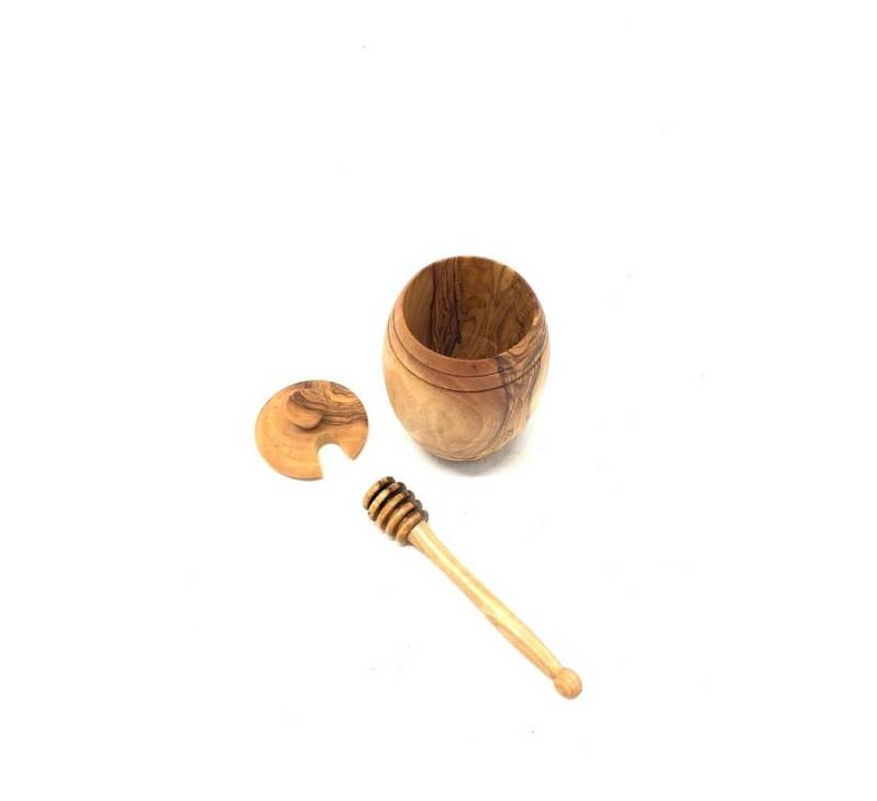 Olivenholz-erleben Honigglas Honigtopf mit Deckel plus Honiglöffel 14 cm, (1-tlg), Handgemacht von Olivenholz-erleben