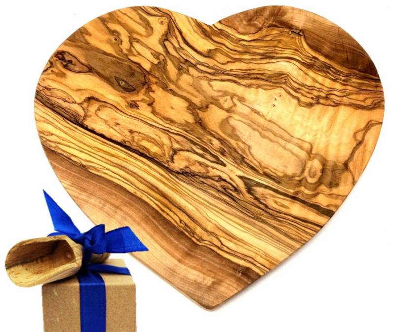 Olivenholz-erleben Käsebrett Brett in Herz-Form Olivenholz 25 x 24 cm, Massivholz, (Set, 1-St., 1x Herz-Brett, plus Überraschung), besondere Herz-Form für dekoratives Servieren von Olivenholz-erleben