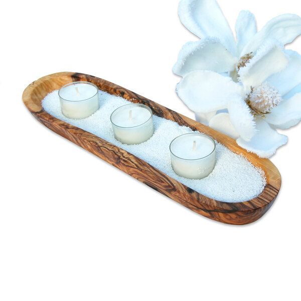 Olivenholz erleben Kerzenhalter-Set WELLNESS inkl. Sand & 3 Teelichtern von Olivenholz erleben