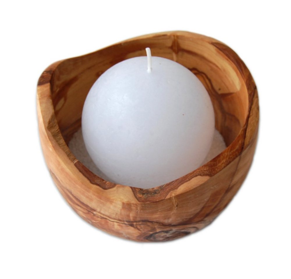Olivenholz-erleben Kugelkerze 2er Set Kugelkerze PALLA mit Rundschale aus Olivenholz (2-tlg), Jede Schale ein Unikat, inklusive Kugelkerze und Dekosand von Olivenholz-erleben
