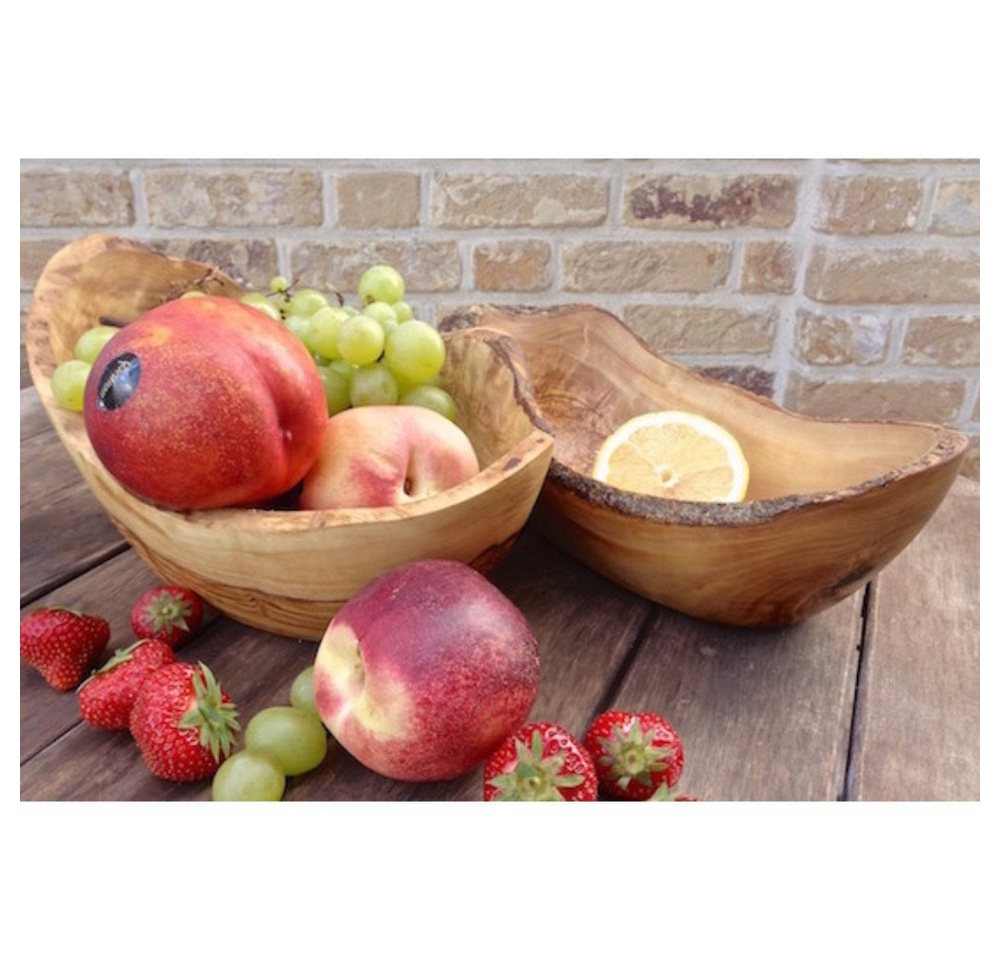 Olivenholz-erleben Obstschale Obstschale rustikaler Rand (L30-34 cm) aus Olivenholz, Antibakterielle Wirkung, lebensmittelecht, handefertigt, Naturprodukt von Olivenholz-erleben