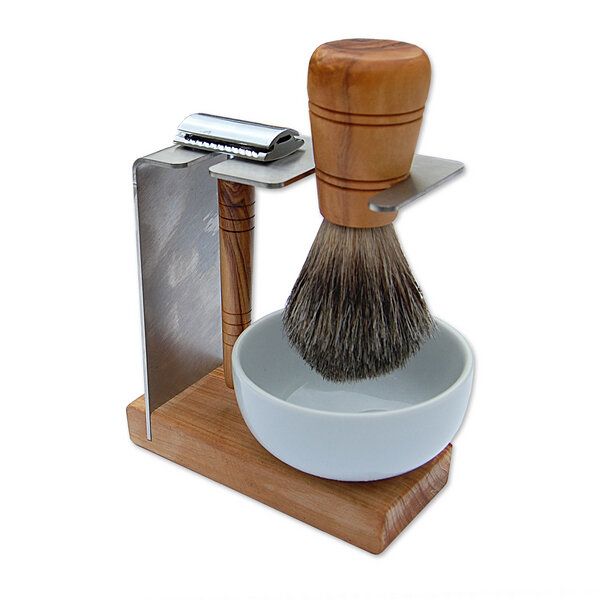 Olivenholz erleben Rasierständer/-halter SYLT PLUS mit Porzellantiegel für Rasierhobel & Pinsel Olivenholz erleben Rasierständer/-halter SYLT PLUS mit Porzellantiegel für Rasierhobel & Pinsel von Olivenholz erleben