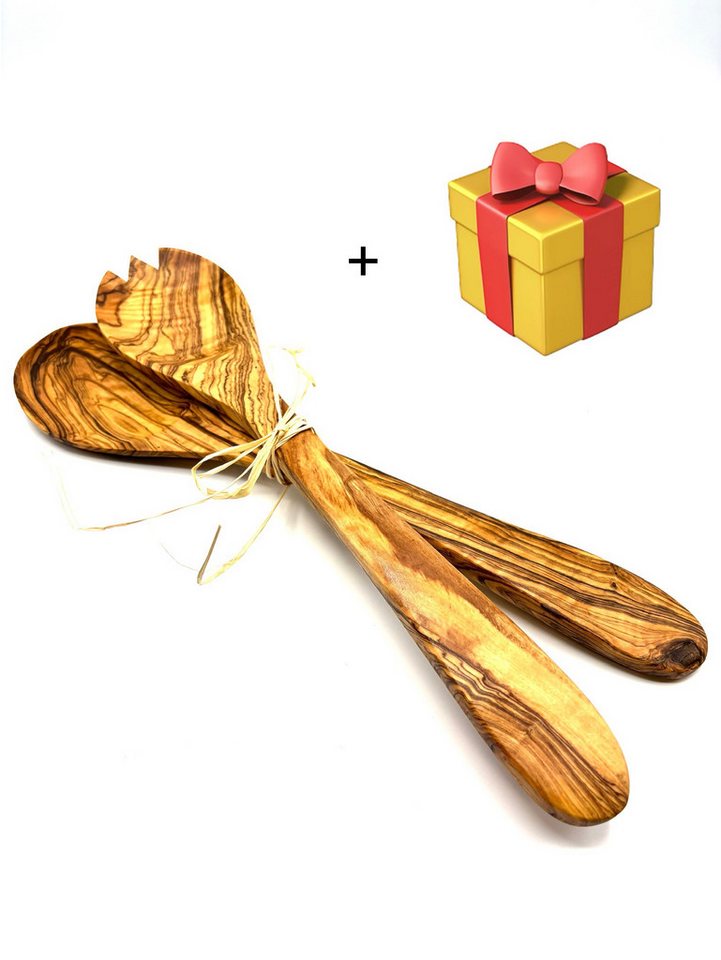 Olivenholz-erleben Salatbesteck Salatbesteck groß mit Bastband (Set, 2-tlg., 1x Salatlöffel, 1x Salatgabel), Stilvoll Salate servieren – ein echter Blickfang auf dem Tisch. von Olivenholz-erleben