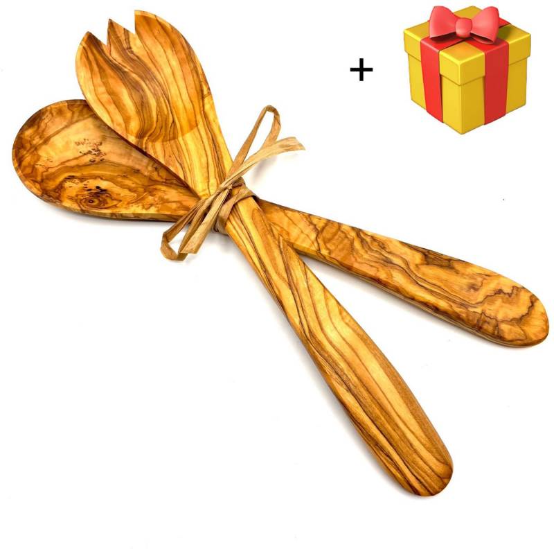 Olivenholz-erleben Salatbesteck Salatbesteck mittel mit Bastband (Set, 2-tlg., 1x Salatlöffel, 1x Salatgabel), Stilvoll Salate servieren – ein echter Blickfang auf dem Tisch. von Olivenholz-erleben