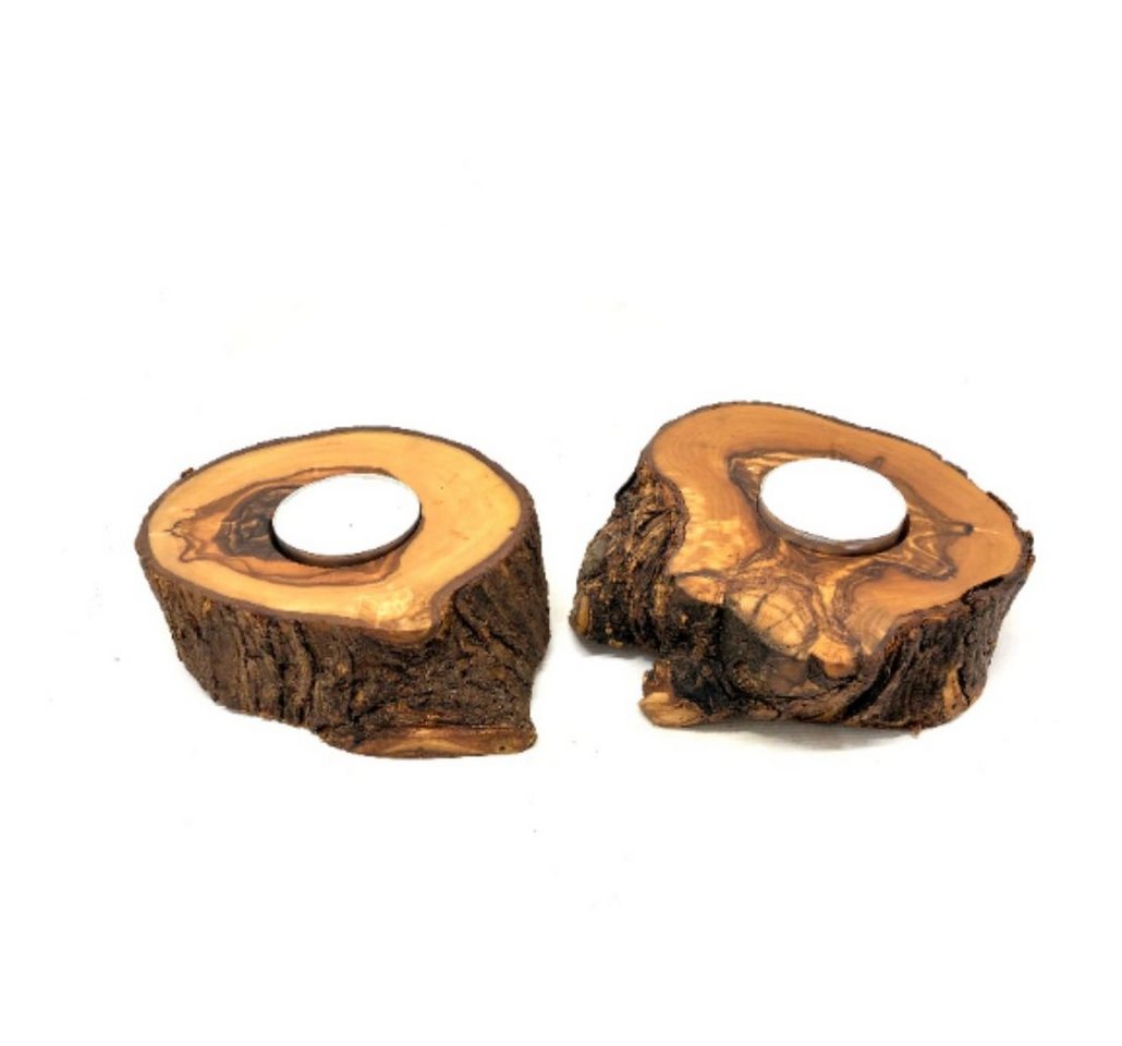 Olivenholz-erleben Teelichthalter Rustikaler Teelichthalter aus Olivenholz-Baumscheibe, 2er Set (1 St), 100% Handarbeit von Olivenholz-erleben