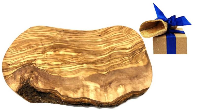 Olivenholz-erleben Schneidebrett Brett rustikaler, Olivenholz 25-29 cm, Massivholz, (Set, 1-St., 1x Brett, plus Überraschung), die Größe ist ideal für kleine Küchen oder unterwegs von Olivenholz-erleben