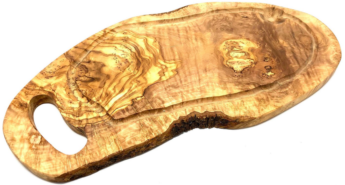 Olivenholz-erleben Servierbrett mit Grifflasche aus hochwertigem naturbelassenem Olivenholz, Massivholz, (1-St), Brett zum Wenden, Seite mit Saftrille, glatte Seite, mit Grifflasche Olivenholz-erleben Servierbrett mit Grifflasche aus hochwertigem naturbelassenem Olivenholz, Massivholz, (1-St), Brett zum Wenden, Seite mit Saftrille, glatte Seite, mit Grifflasche von Olivenholz-erleben