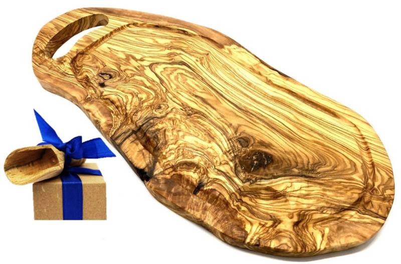 Olivenholz-erleben Tranchierbrett Steakbrett mit Saftrille und Grifflasche Olivenholz 45-49 cm, Massivholz, (Set, 1-St., 1x Steakbrett, plus Überraschung), die Saftrille fängt Flüssigkeit gezielt auf von Olivenholz-erleben