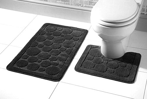 Olivia Rocco Cali Bubbles Design 2pc Bad und WC-Vorleger Sets rutschfeste Wasser absorbierenden Badezimmer Teppiche, Schwarz , Bath Mat (50 x 80cms) , Pedestal Mat (50 x 40cms) von Olivia Rocco