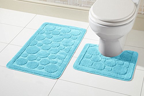 Olivia Rocco Cali Bubbles Design 2pc Bad und WC-Vorleger Sets rutschfeste Wasser absorbierenden Badezimmer Teppiche, aqua, Bath Mat (50 x 80cms) , Pedestal Mat (50 x 40cms) von Olivia Rocco