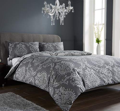 Olivia Rocco Royal Damast Bettbezug-Set, pflegeleicht, Bettbezüge mit Kissenbezügen, Baumwollanteil, wendbare Bettwäsche-Sets (Einzelbett, Grau) von Olivia Rocco