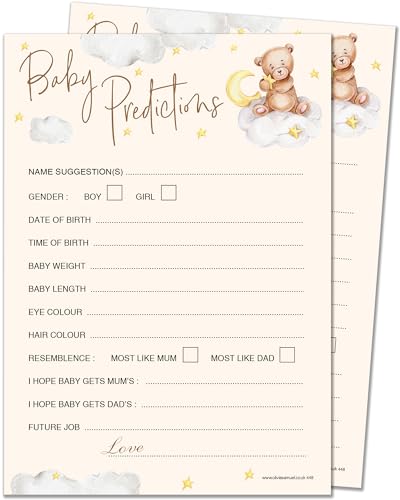 20 x Baby-Vorhersagekarten von Olivia Samuel – Babyparty-Spiel – Unisex, neutrales Teddybär-Design, hergestellt in Großbritannien von Olivia Samuel