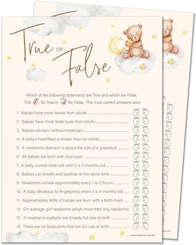 20 x True or False Baby Shower Spiel - Unisex Neutral Teddybär Design (20 Gästekarten + 1 Karte mit Antworten für den Gastgeber + Gewinner Zertifikat) - Hergestellt in Großbritannien von Olivia Samuel