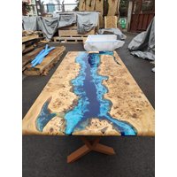 Made To Order Pappel Holz Blau Weiß Fluss Meer Ozean Design Epoxy Esstisch/Arbeitstisch Küchentisch Couchtisch %100 Handmade von OliviaEpoxyDesign