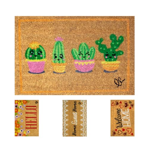 OLIVO.shop JOY 16 - Kokosmatte, Fußmatte für den Eingangsbereich des Hauses, Kokosmatte mit bunten Schriftzügen und Drucken, 40 x 60 cm (CACTUS) von Olivo Tappeti